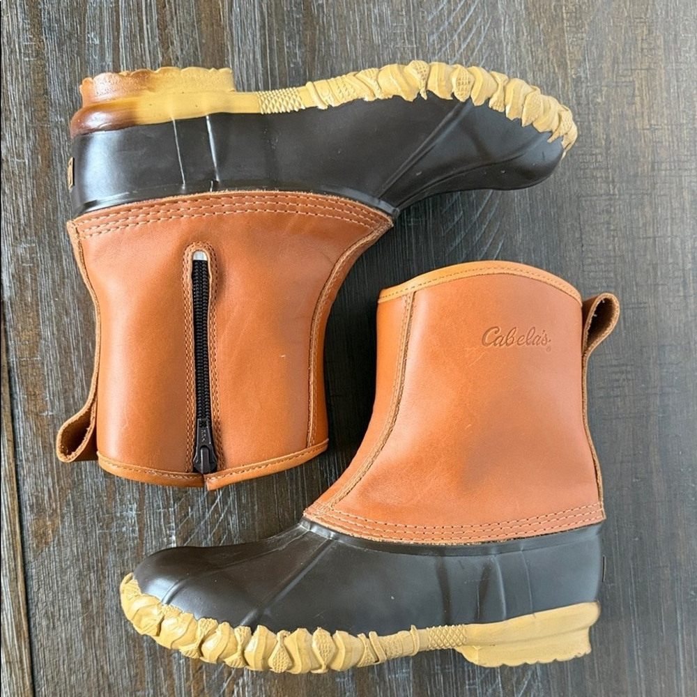 Cabela's Men's Tan Leather Steel Shank Insulated Duck Boots Size 8 Side Zip EUC